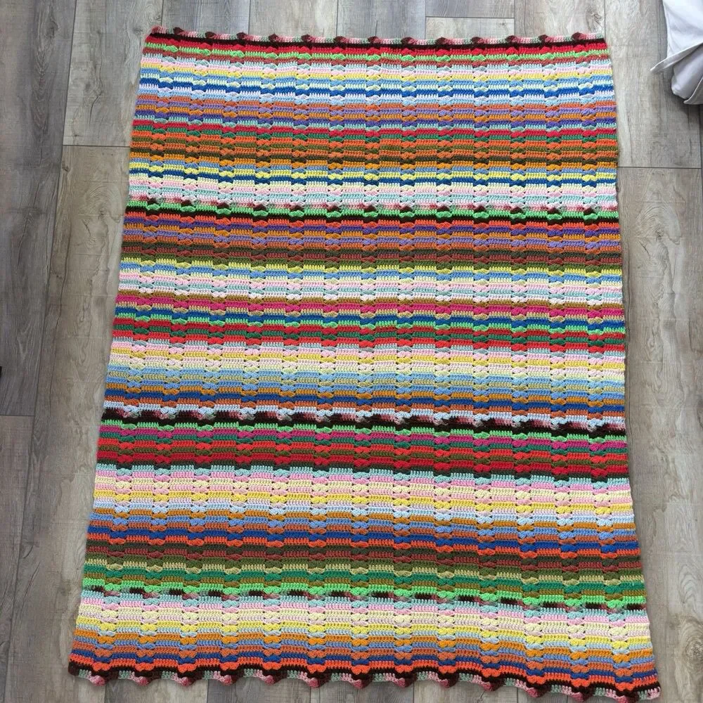 Vtg Handmade Crochet Lap Blanket Afghan Throw 51”x62” Multicolor Stripe Rainbow
